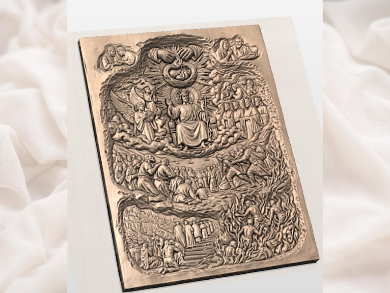 May include: A rectangular, bronze-coloured relief carving depicting a religious scene. The carving features figures, angels, and a central figure seated on a throne, surrounded by clouds and other figures. The detailed artwork shows a complex narrative.