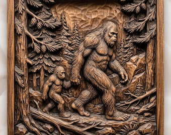 Bigfoot Family Pine Forest Panel CNC Relief STL | Sasquatch Cabin Decor Design | Rustic Wildlife Wood Carving Pattern
