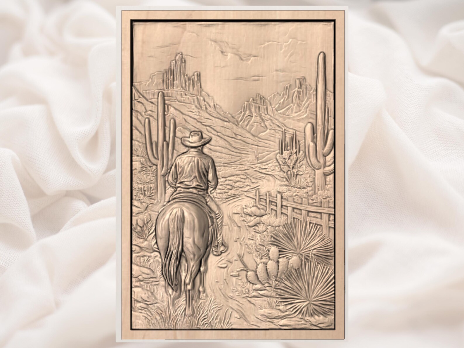 Desert Cowboy Landscape 3D Relief STL | Horse Rider Cactus Canyon Wall ...