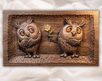 Coppia di gufi in rilievo 3D STL / Simpatico gufo con fiore CNC Router Pannello in legno intagliato / Arte murale per cameretta dei bambini