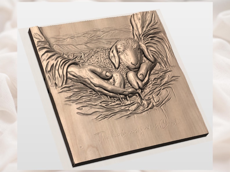 May include: A wooden relief carving shows a lamb held in hands, with the text "The peace and joy of Christ" inscribed below. The artwork is in shades of brown and beige, with detailed textures.