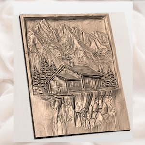 Rustic Log Cabin Mountain 3D Relief STL view 2