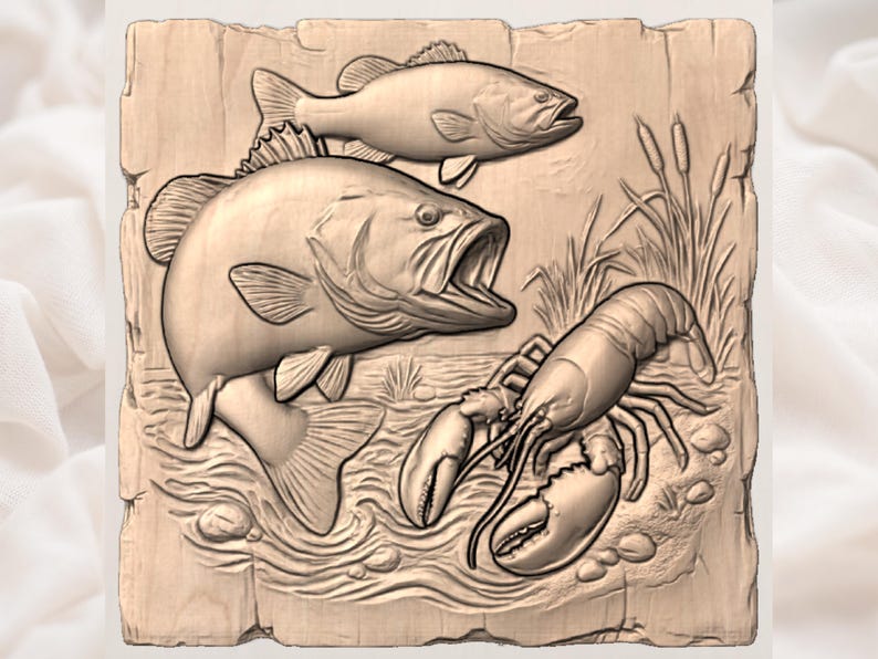 May include: A wooden relief carving featuring aquatic life. The design includes two fish, a lobster, and reeds, all carved in a detailed, three-dimensional style. The artwork is presented on a rectangular wooden plaque with a natural wood grain.