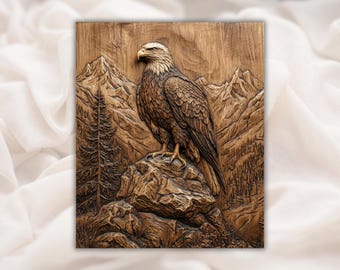 Vithövdad havsörn STL-relief | 3D-sniderifil för bergsdjur för CNC-fräs | Väggkonstpanel för rustik stuga | Heminredning