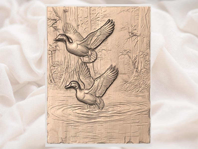May include: A rectangular, light brown relief carving depicts two ducks in a natural setting. One duck is in flight, wings spread, while the other stands in water. The background shows trees and water ripples, creating a nature-themed artwork.