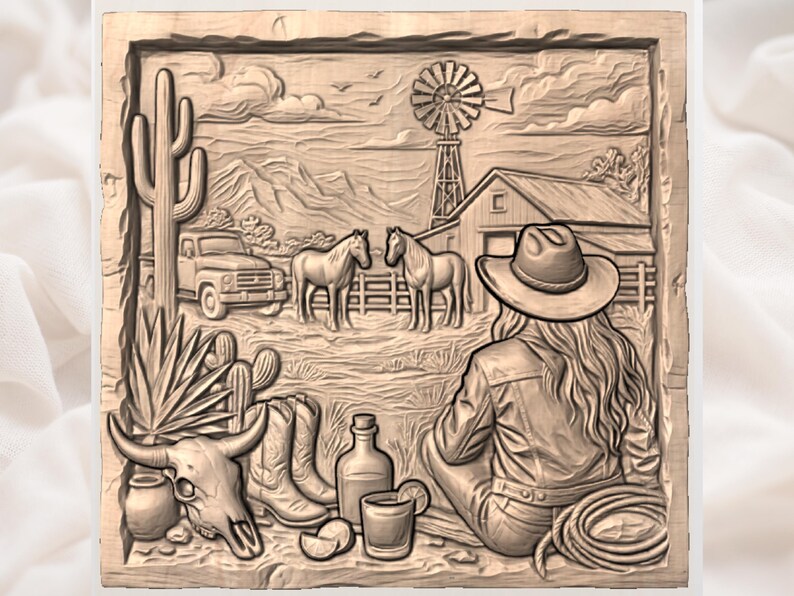 May include: A wooden relief carving depicting a Western scene. It features a woman in a cowboy hat, horses, a windmill, a truck, and desert plants. Other elements include a skull, boots, and a bottle.