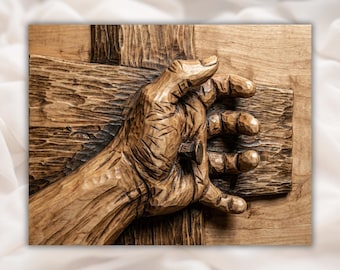 Jesus Hand on Cross 3D Relief STL File | Christian Wood Grain CNC Carving | Crucifix Wall Art Panel | 3D Print & Laser Engraving