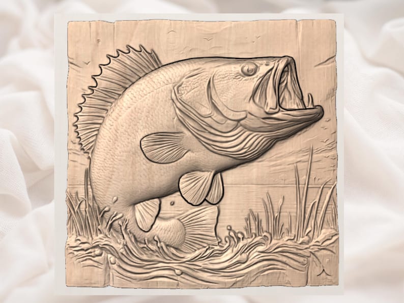May include: A detailed wood carving of a largemouth bass leaping from the water. The fish is depicted with its mouth open, showcasing intricate details of its scales and fins. The carving includes water, reeds, and a textured wooden background.