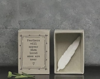 Porseleinen luciferdoosje met veertje, cadeau, verjaardagscadeau, cadeau voor een vriend(in), vriendschapscadeau, je missen.