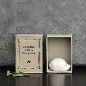 May include: A small, beige matchbox with the text "Sending you a Hedgehug" and a small white ceramic hedgehog inside a matching box. A small green plant is next to the matchbox.