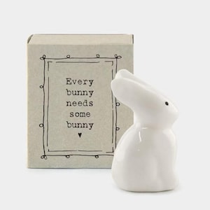 Op de afbeelding: Een witte keramische konijnenfiguur met een glanzende afwerking, naast een doos met de tekst "Every bunny needs some bunny". De doos heeft een decoratieve rand en een hartsymbool. Het konijn is een decoratief item.