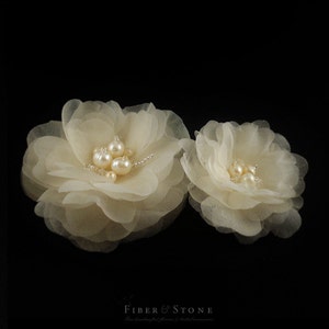 Pure Silk Wedding Hair Flowers with Freshwater Pearls and Swarovski - Fiber And Stone