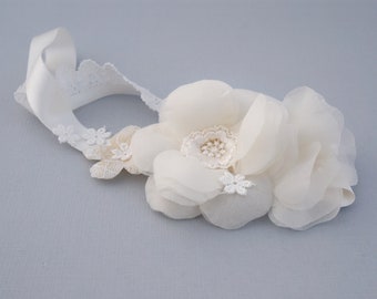 Pure Silk Flower Girl Headband, Baby Headband, Silk Ribbon Headband, Flower Headband, Bridal Headband Lace and Silk Garden Wedding Headband