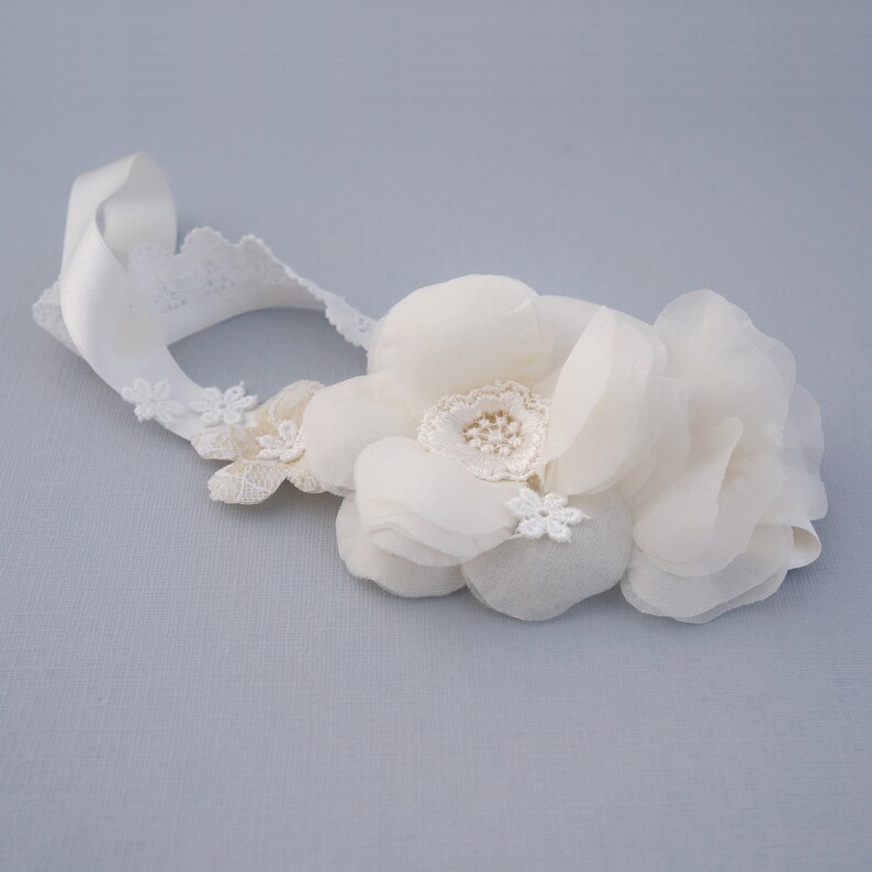 Pure Silk Flower Girl Headband, Baby Headband, Silk Ribbon Headband, Flower Headband, Bridal Headband Lace and Silk Garden Wedding Headband image 1
