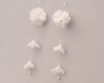Silk Flower Bridal Earrings, Crystal Pearl Dangles, Sterling Silver