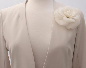 Handmade Silk Flower Brooch, Ivory White Floral Pin, Wedding Dress Hat Scarf Bag Accessory