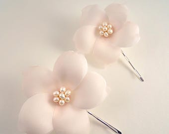 Pink Silk Floral Hairpins, Freshwater Pearl Wedding Hair Accessory (Set of 2)