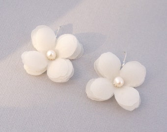 Pure Silk Bridal Fabric Flower Earrings with Freshwater Pearls,  Freshwater Pearl Earring - Silver Wedding Earring - White Flower Earrings