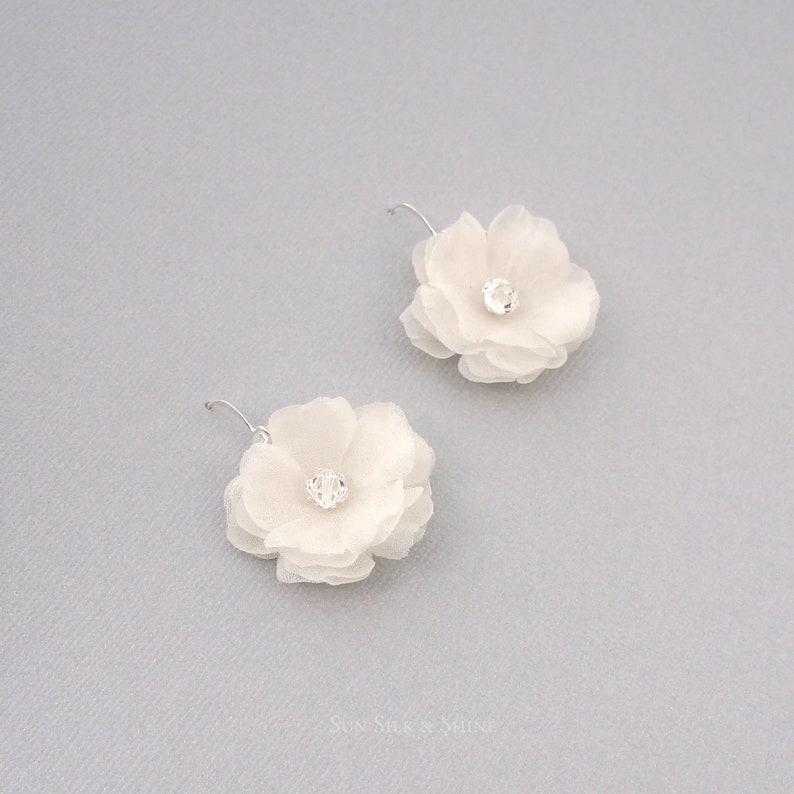 Handmade White Flower Earrings, Pure Silk Bridal Dangle Earrings, Swarovski, Floral Earring, Garden Wedding, Crystal Silver, Bridesmaid Gift image 4