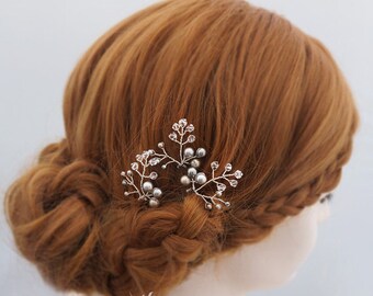 Swarovski Wedding Hair Pins, Silver Bridal Hair Vines, Winter Wedding Hair Piece, Titanium Pearl Bridal Hari Pin, Bridesmaid Gift For Her