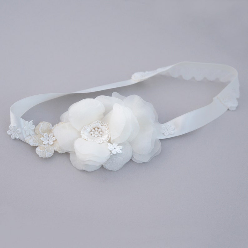 Pure Silk Flower Girl Headband, Baby Headband, Silk Ribbon Headband, Flower Headband, Bridal Headband Lace and Silk Garden Wedding Headband image 3