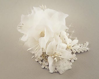 Silk Bridal Flower Comb, Freshwater Pearl Wedding Fascinator