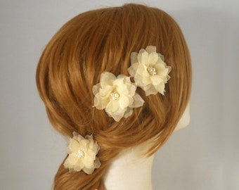 Hand Pressed Pure Silk Bridal Hair Flowers, Freshwater Pearl, Champagne, Wedding Hair Flower, Spring Wedding Beach Wedding Floral Headpiece