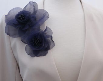 Wedding Brooch Set of 2, Handmade Pure Silk Organza Flower Pins, Dark Purple Blue Bridal Corsage Brooches