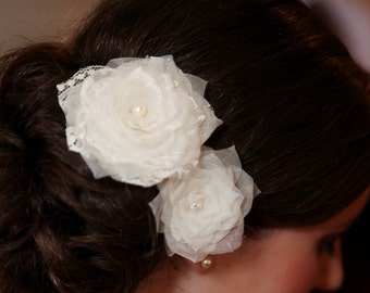 Lace Flower Bridal Headpiece, Pure Silk Bridal Head Piece, Ivory Floral Wedding Head Piece Spring Garden Wedding Headpiece,Freshwater Pearl