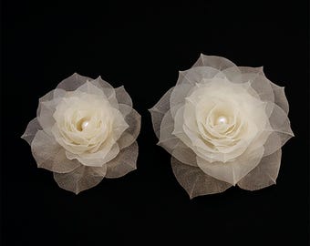 White Silk Rose Bridal Headpiece, Freshwater Pearl Hair Flower