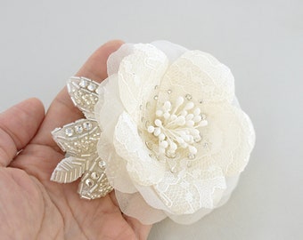 Lace Bridal Headpiece, Crystal Flower Wedding Hair Clip