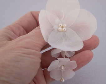 Handmade Silk Flower Bridal Earrings, Sterling Silver, Crystal Pearls