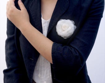 Pure Silk Camellia Brooch, Elegant Flower Lapel Pin, Wedding Accessory, Bridal Blazer Pin