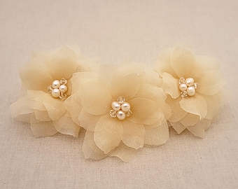 Silk Organza Flower Bridal Headpiece, Freshwater Pearl & Crystal Hair Flowers