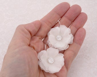 Handmade White Flower Earrings, Pure Silk Bridal Dangle Earrings, Swarovski, Floral Earring, Garden Wedding, Crystal Silver, Bridesmaid Gift