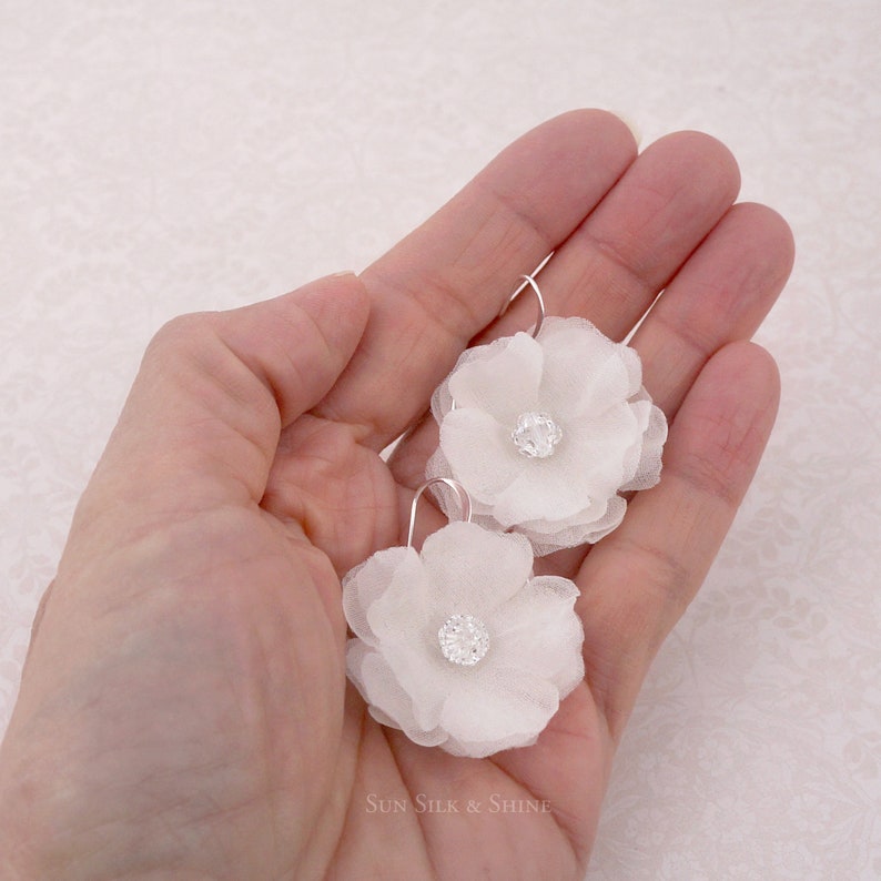 Handmade White Flower Earrings, Pure Silk Bridal Dangle Earrings, Swarovski, Floral Earring, Garden Wedding, Crystal Silver, Bridesmaid Gift image 1