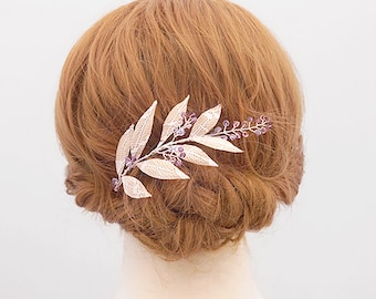 Lavender Bridal Hair Vine, Gold Leaf, Purple Crystal Headband