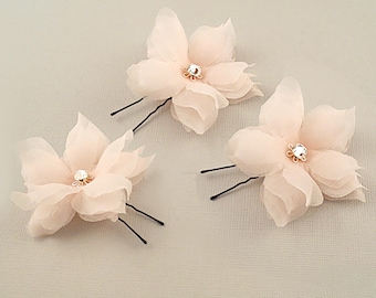 Pink Silk Bridal Hair Flowers, Swarovski Crystal Hairpins, Set of 3