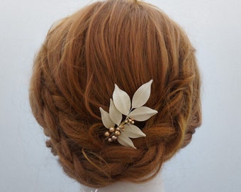 Swarovski Pearl Wedding Hair Piece, Fall Wedding Hair Pins,Gold Leaf Bridal Hairpiece,Bridal Hair Vines,Autumn Leaf Bridal Hairpiece, Golden