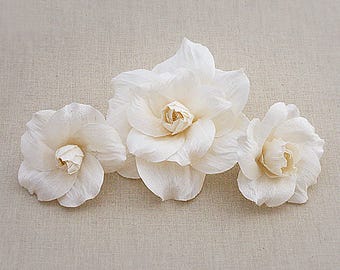 Silk Dupioni Gardenia Hair Flowers, Ivory Bridal Headpiece, Set of 3