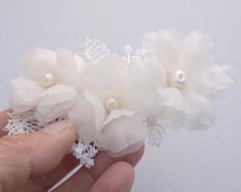 Silk Wedding Hair Flower: White Pearl Lace Bridal Headpiece