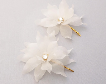 Silk Organza Flower Bridal Hair Pins Set of 2 with Crystal and Gold Accents