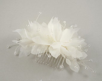 Swarovski Bridal Headpiece, Pure Silk Flower Bridal Hair Comb, Crystal Bridal Floral Hair Vine, Wedding Fabric Flower Comb Silver Hair Vine