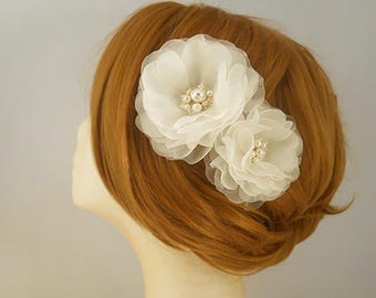 Pure Silk Floral Bridal Headpiece, Silk Flower, Freshwater Pearl Hair Piece