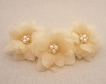 Silk Wedding Hair Flowers, Pearl Bridal Hair Accessory, Set of 3
