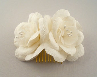 Silk Dupioni Bridal Flower Comb - Pure Silk Wedding Flower Comb - Ivory Fabric Flower Bridal Comb - Floral Wedding Comb Garden Wedding Comb