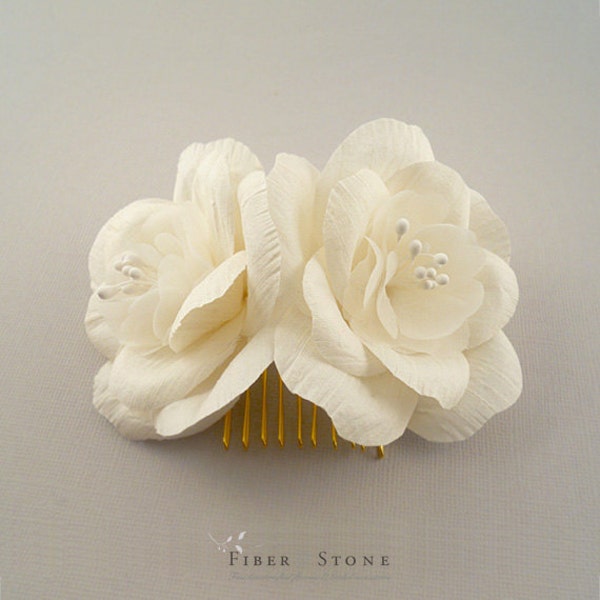 Silk Dupioni Bridal Flower Comb - Pure Silk Wedding Flower Comb - Ivory Fabric Flower Bridal Comb - Floral Wedding Comb Garden Wedding Comb