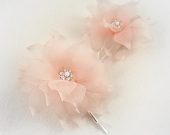 Pink Silk Wedding Hair Flowers, Swarovski Crystal Hairpiece (Set of 2)