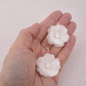 Handmade White Flower Earrings, Pure Silk Bridal Dangle Earrings, Swarovski, Floral Earring, Garden Wedding, Crystal Silver, Bridesmaid Gift image 2