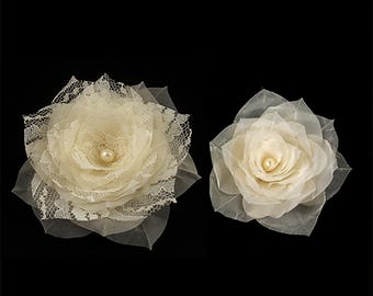 Lace and Silk Bridal Hair Flower Clips, Freshwater Pearl Wedding Headpiece